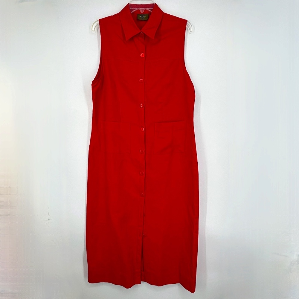 Sherry Taylor Womens Medium Button Shirt Dress Coral Red Ramie Rayon Sleeveless
